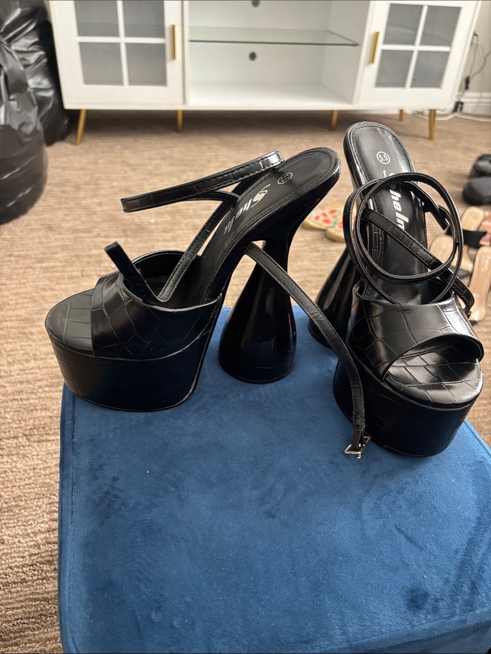 Black Platform High Heel Sandals with Croc Texture